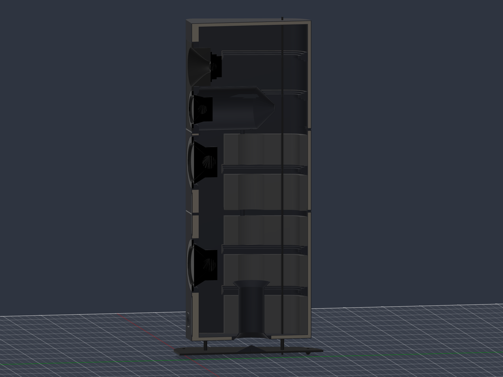 Cut-away of the Tower 3 design model showing the ring braces, the midrange chamber and the down-firing port